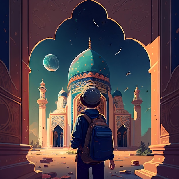 Turista em frente à mesquita à noite Generative AI