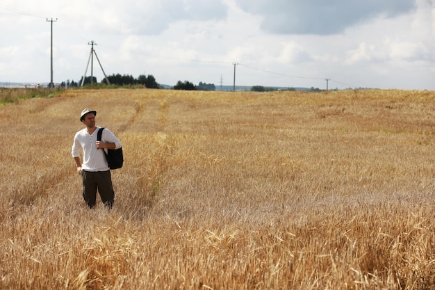 Turista em um campo de plantas de cereais. Um homem em um campo de trigo. Colheita de grãos.