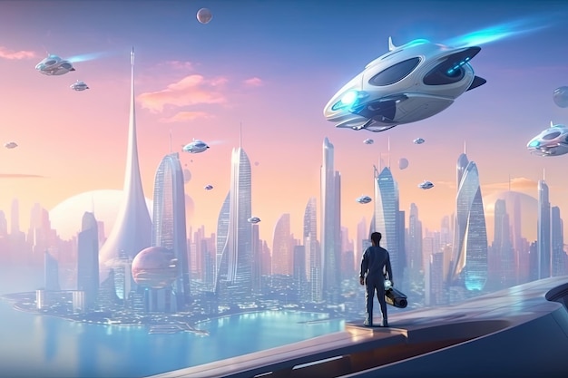 Turista espacial explorando cidade futurista com arranha-céus e carros voadores