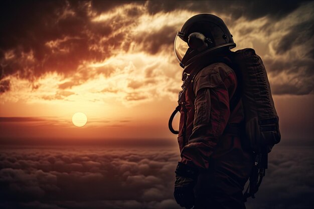 Turista espacial observando la puesta de sol en el planeta con capas atmosféricas visibles y nubes