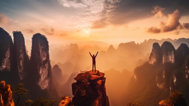 turista está de pé com as duas mãos levantadas depois de ter sucesso no topo de uma montanhaZhangjiajie