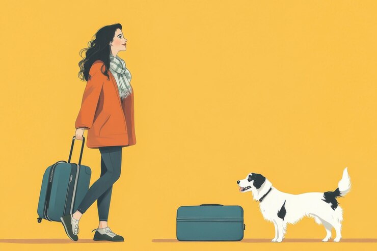 El turista está sentado en el equipaje con su perro esperando frente a una puerta listo para viajar