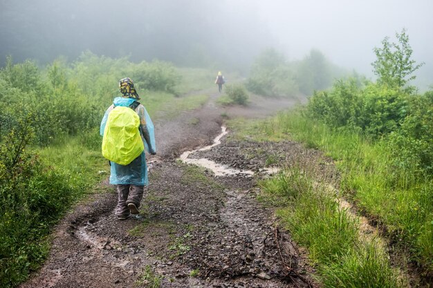 El turista excursionista en impermeable viaja al bosque de montaña verde en la niebla con la mochila amarilla