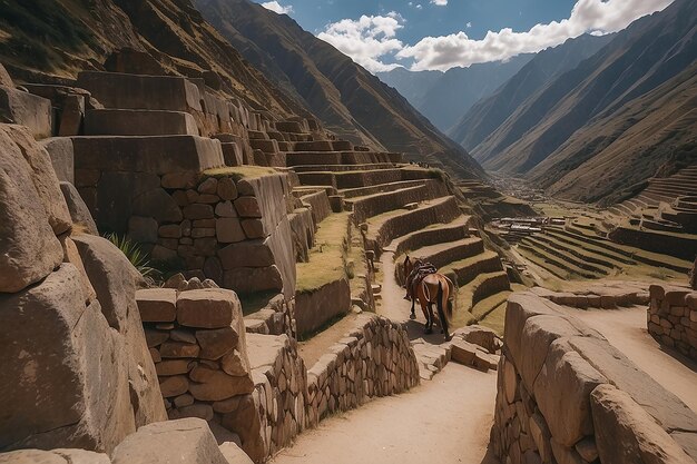 Foto turista explorando as trilhas incas e o sítio arqueológico em ollantaytambo destino de viagem do vale sagrado