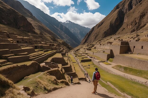 Foto turista explorando as trilhas incas e o sítio arqueológico em ollantaytambo destino de viagem do vale sagrado