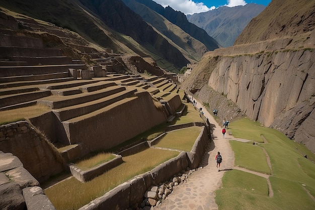 Foto turista explorando los senderos incas y el sitio arqueológico en el valle sagrado de ollantaytambo destino de viaje