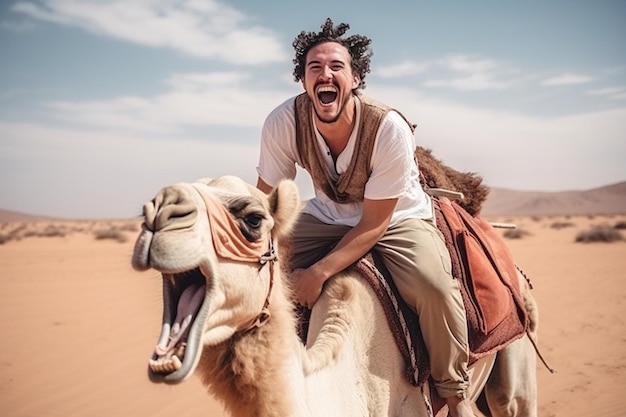 Turista feliz aproveitando passeio de camelo em grupo com IA generativa