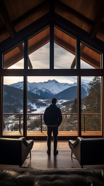 Turista feliz mirando a través de las ventanas panorámicas en la nueva cabaña