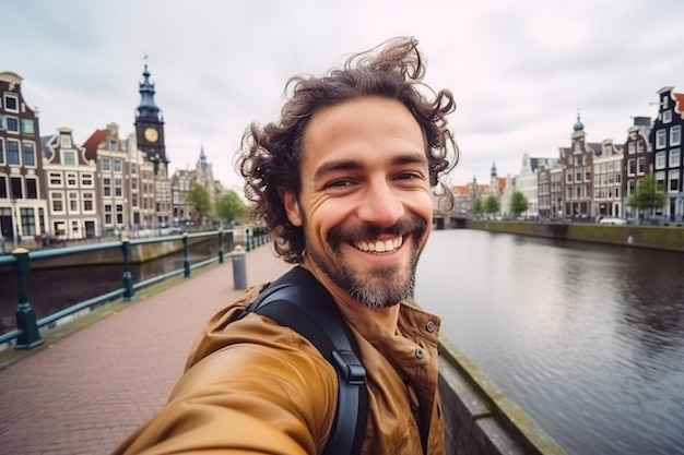 Turista feliz tomando una foto selfie en Amsterdam, Países Bajos