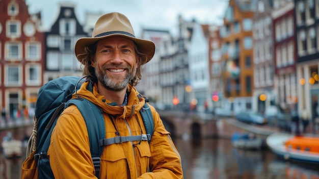 Turista feliz tomando una selfie junto a los canales de Ámsterdam