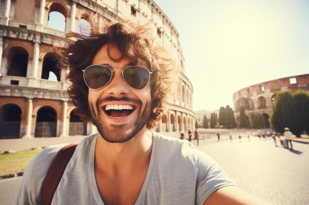 Turista feliz visitando el Coliseo en Roma Italia IA generativa