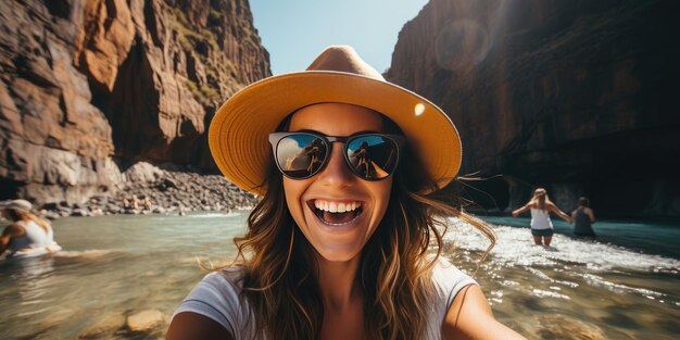 turista femenina con gafas de sol se hace una selfie Tema de viajes y recreación IA generativa