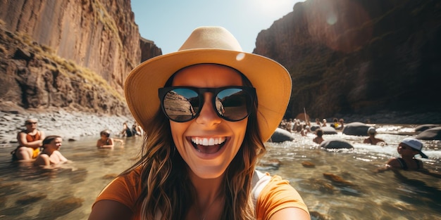 turista feminina com óculos de sol tira uma selfie Tema de recreação IA generativa