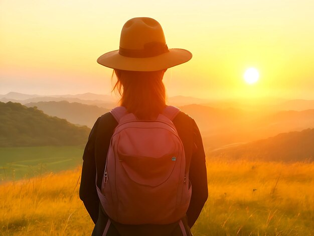 turista feminina no nascer do sol por trás do lado