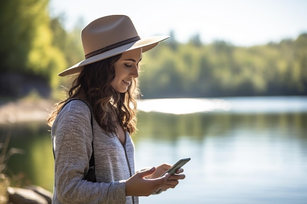 Turista feminina olhando o mapa no smartphone à beira do lago durante o dia