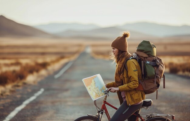 Turista con hermosas atracciones turísticas viaje por carretera en bicicleta ecoturismo viajes generativos ai arte