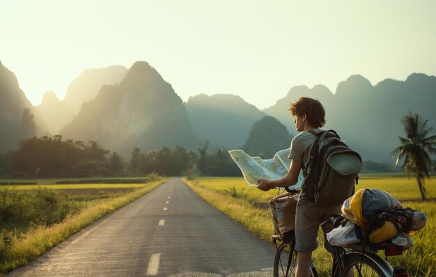 Turista con hermosas atracciones turísticas viaje por carretera en bicicleta ecoturismo viajes generativos ai arte