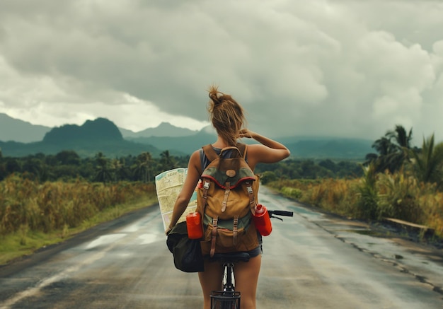 Turista con hermosas atracciones turísticas viaje por carretera en bicicleta ecoturismo viajes generativos ai arte