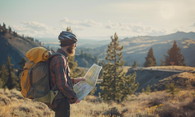 Turista con hermosas atracciones turísticas viaje por carretera en bicicleta ecoturismo viajes generativos ai arte