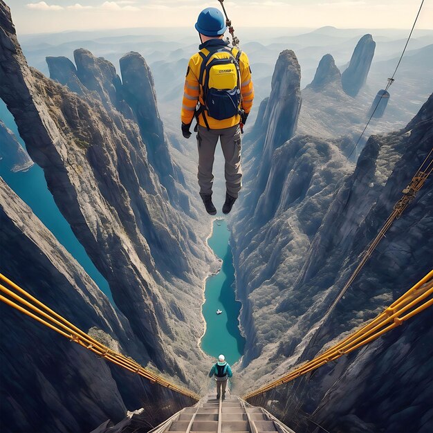 Turista del hombre de la cima de la montaña usa una mochila grande contra la luz del sol para la aventura