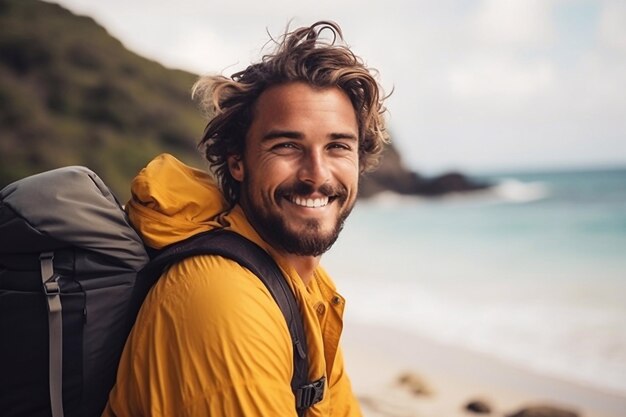 Foto turista hombre sonriente con impermeable amarillo y mochila en la playa