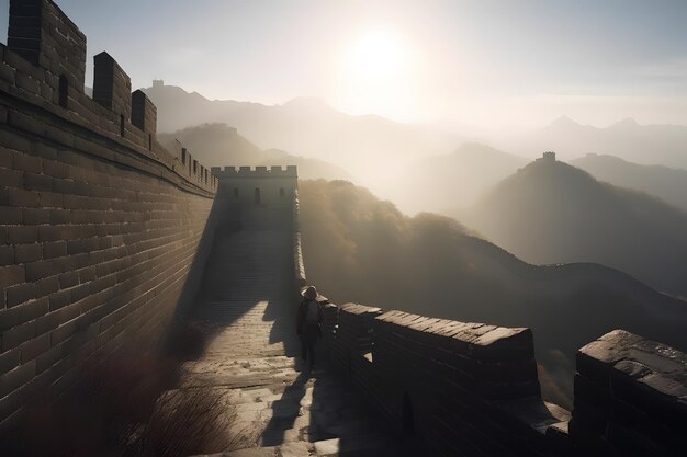 Foto turista homem caminha ao longo da grande muralha da china rede neural gerada por ia