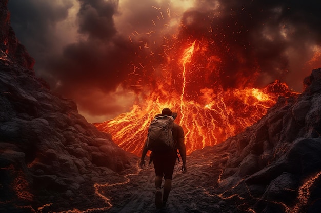 Turista huyendo de una erupción volcánica repentina