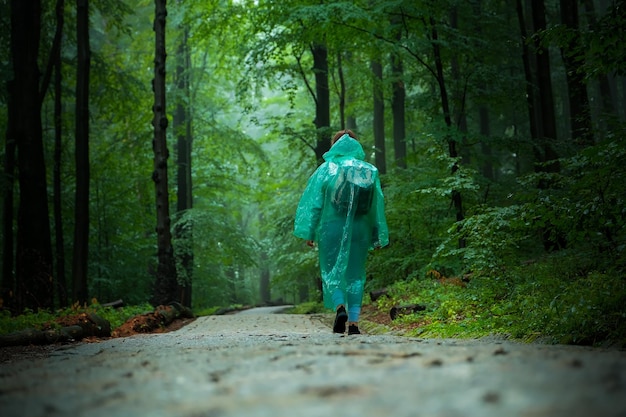Una turista con impermeable camina por el bosque con sendero