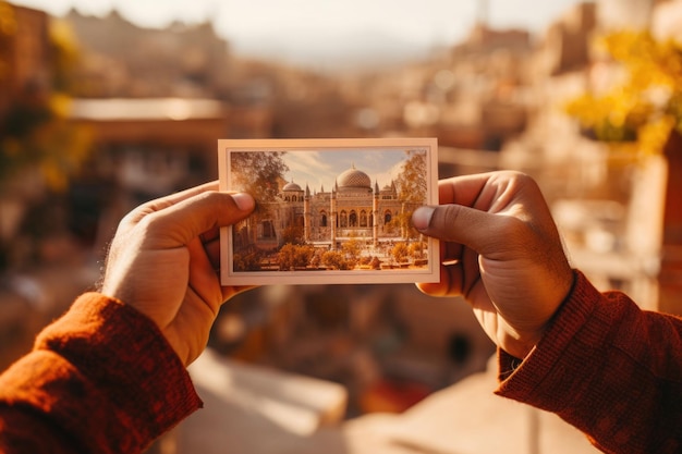 Foto turista irreconhecível segura cartão postal em frente à ilustração gerada por ia da paisagem natural