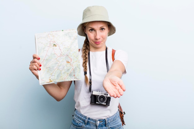 Turista jovem adulta loira com um conceito de férias de mapa