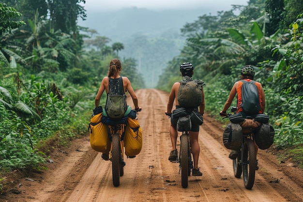 Turista joven viajando por el mundo en bicicleta viaje de destino viaje sostenible