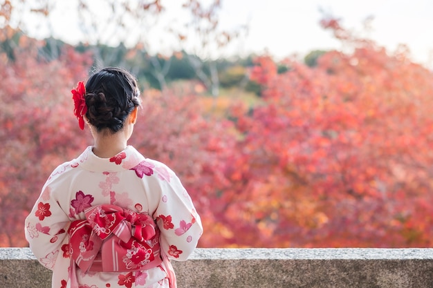 Turista joven vistiendo kimono disfrutando con coloridas hojas en el templo Kiyomizu dera, Kyoto, Japón. Chica asiática con peinado en ropa tradicional japonesa en temporada de follaje de otoño