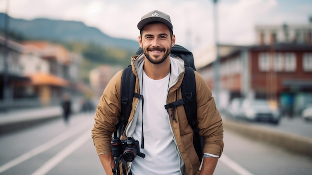 Turista masculino con una cámara en el fondo de la ciudad