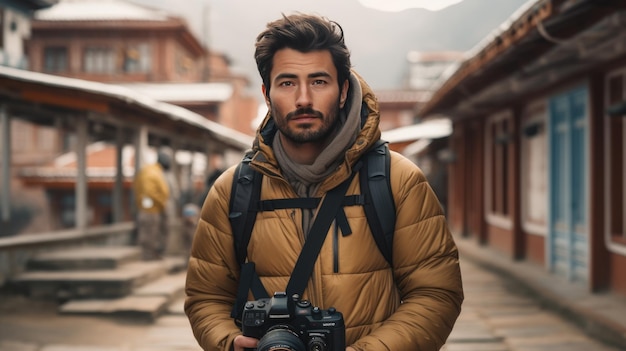 Turista masculino com uma câmera no fundo da cidade