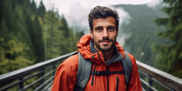 Un turista masculino está de pie en un puente de montaña en los Alpes AI generativa