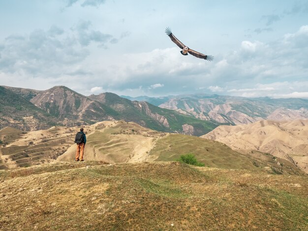 Turista masculino con una mochila observa el vuelo de un águila con el telón de fondo de hermosas montañas altas. Daguestán.