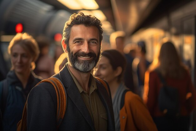 turista masculino de pie y sonriendo en una estación de tren llena de gente