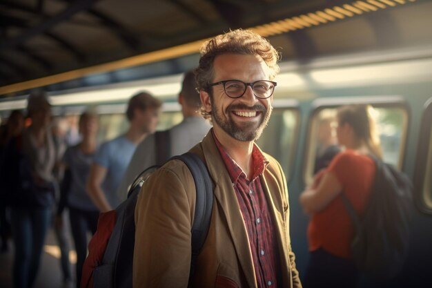 turista masculino de pie y sonriendo en una estación de tren llena de gente