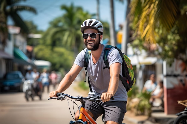 Un turista masculino sonríe felizmente mientras monta una bicicleta pública en alquiler Transporte de viaje sostenible