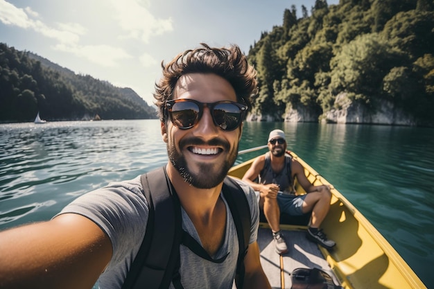 Turista masculino sorridente tirando uma selfie Ai generativa