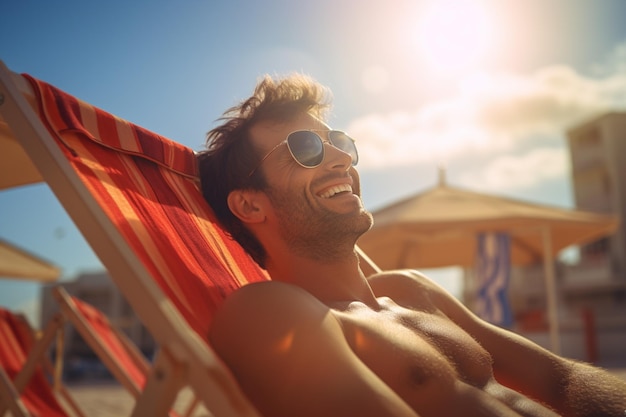 turista masculino tomando el sol en una cama de sol en el mar durante el día con IA generativa