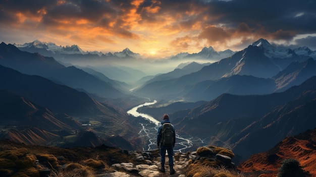 Turista mirando el ángulo de la foto en la cima de la montaña