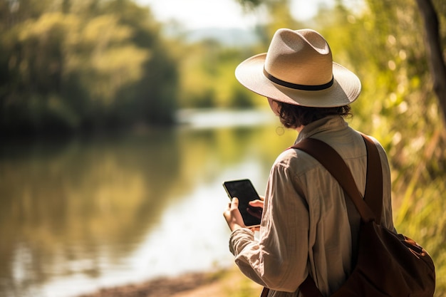 Turista mirando el mapa en su teléfono inteligente junto al lago durante el día
