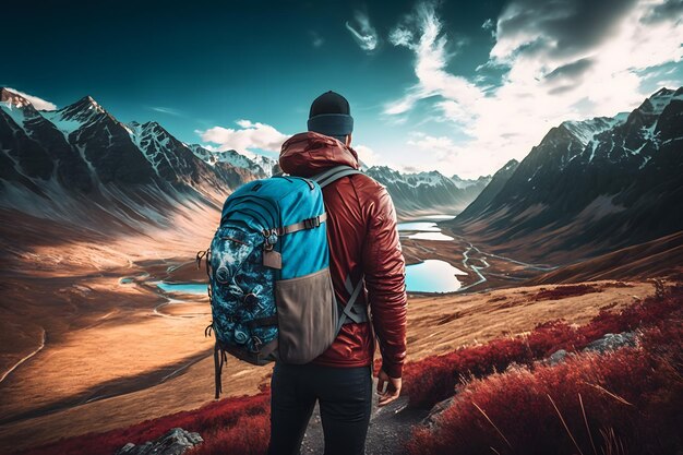 Turista con mochila en una caminata de montaña red neuronal generada por ai