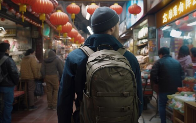 Un turista con una mochila se encuentra en una concurrida calle china generada por ai