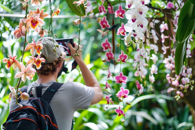 Un turista con una mochila tomando fotos de orquídeas colgantes