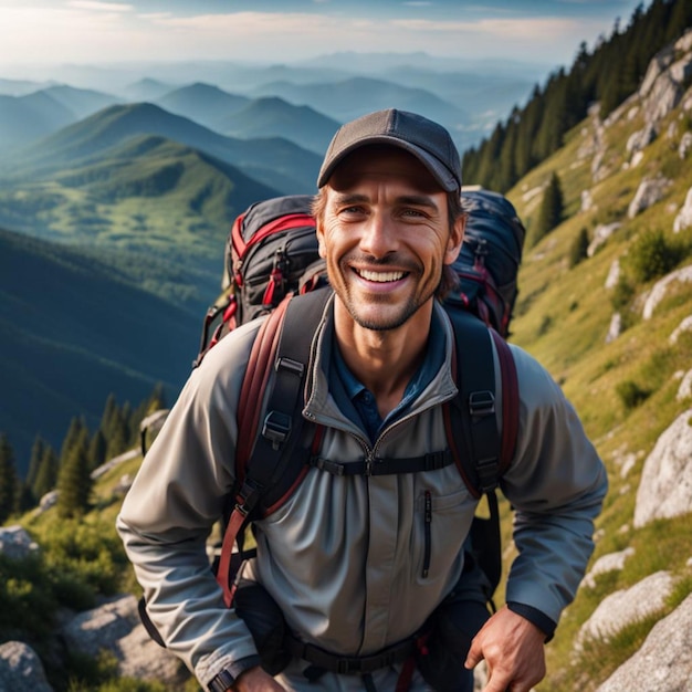 Foto un turista está en la montaña y sonríe con una imagen realista en alta definición.