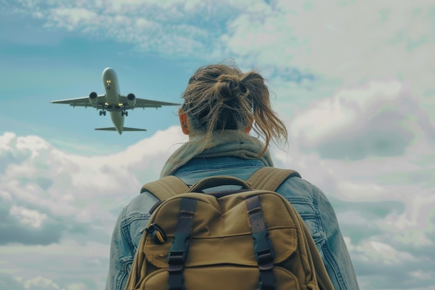 Una turista mujer con una mochila mirando un avión en el cielo