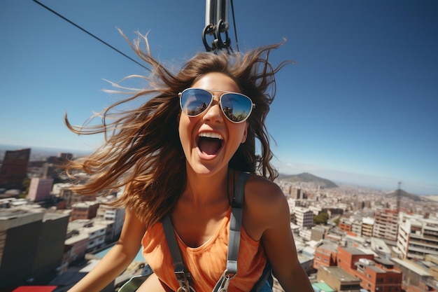 Turista mulher vestindo roupa informal enquanto ziplining AI