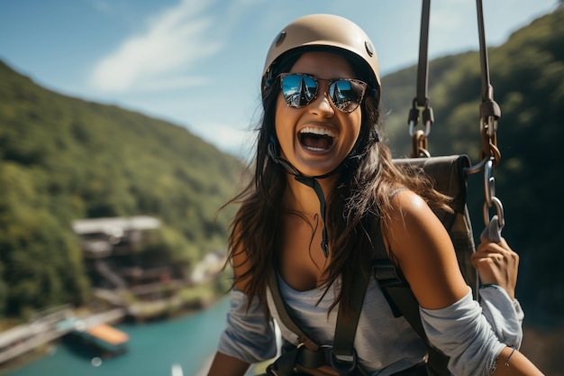 Turista mulher vestindo roupa informal enquanto ziplining AI